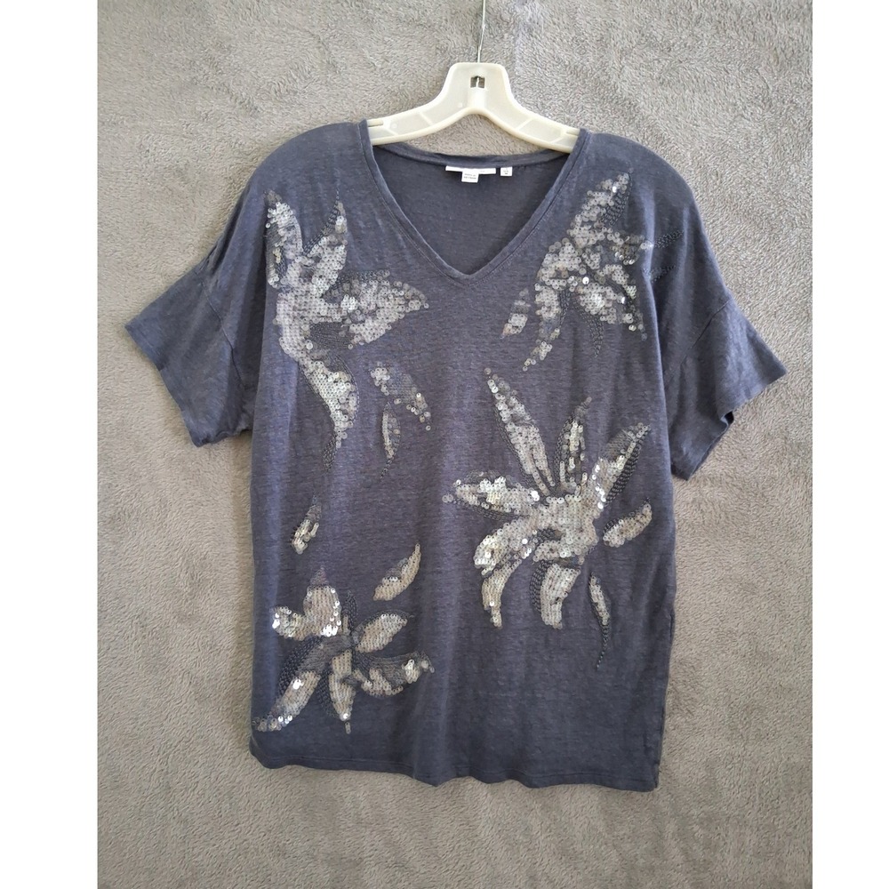 Chicos Linen Sequins Floral Tee Sz 1 M Gray VNeck Short Sleeve‎ Coastal Beachy